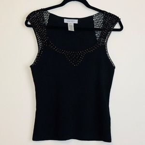 Black Nine West Knit Blouse with Mesh Bead Detail
